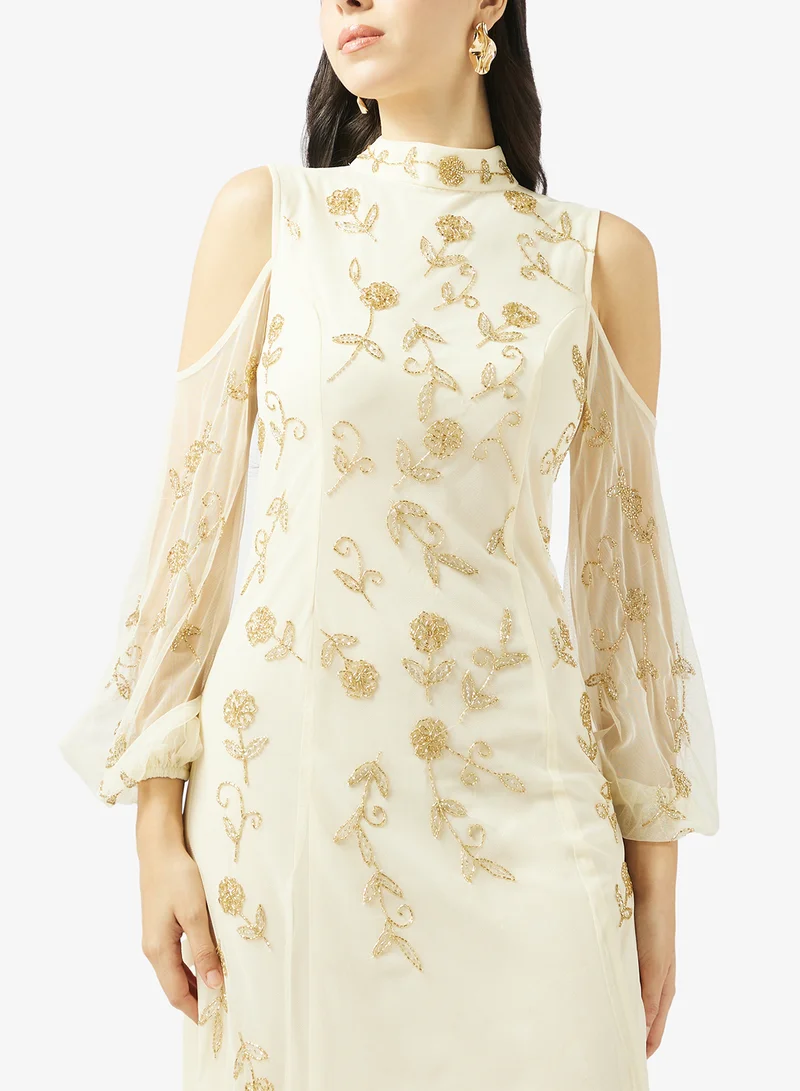 Frock and Frill Embroidered Crew Neck Cold Shoulder Maxi Dress